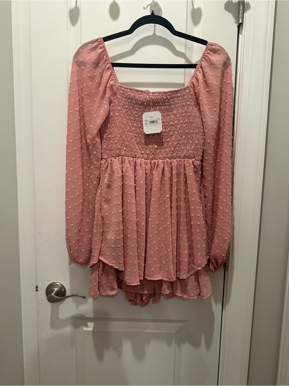 Women's Smocked Square-Neck Long Sleeve romper- Pink